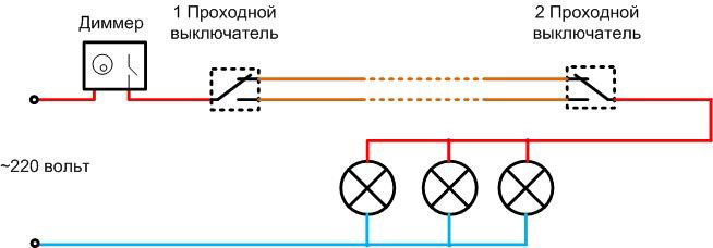 Dimerio jungiklio sujungimo su praėjimo jungikliu schema. 
